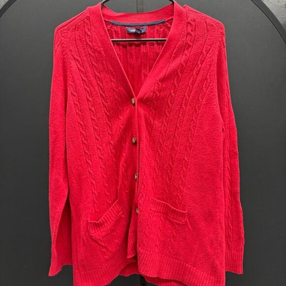 Lands' End Red Cable Knit Sweater Cardigan - Picture 1 of 5